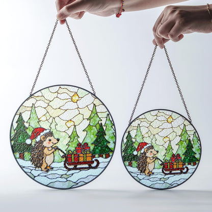 Cute Hedgehog Pulling Sleigh Stained Glass Suncatcher Christmas Window Decor Gift for Kids or Animal Lovers