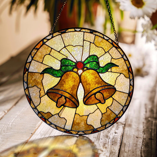 Golden bell stained glass suncatcher Christmas window decor gift