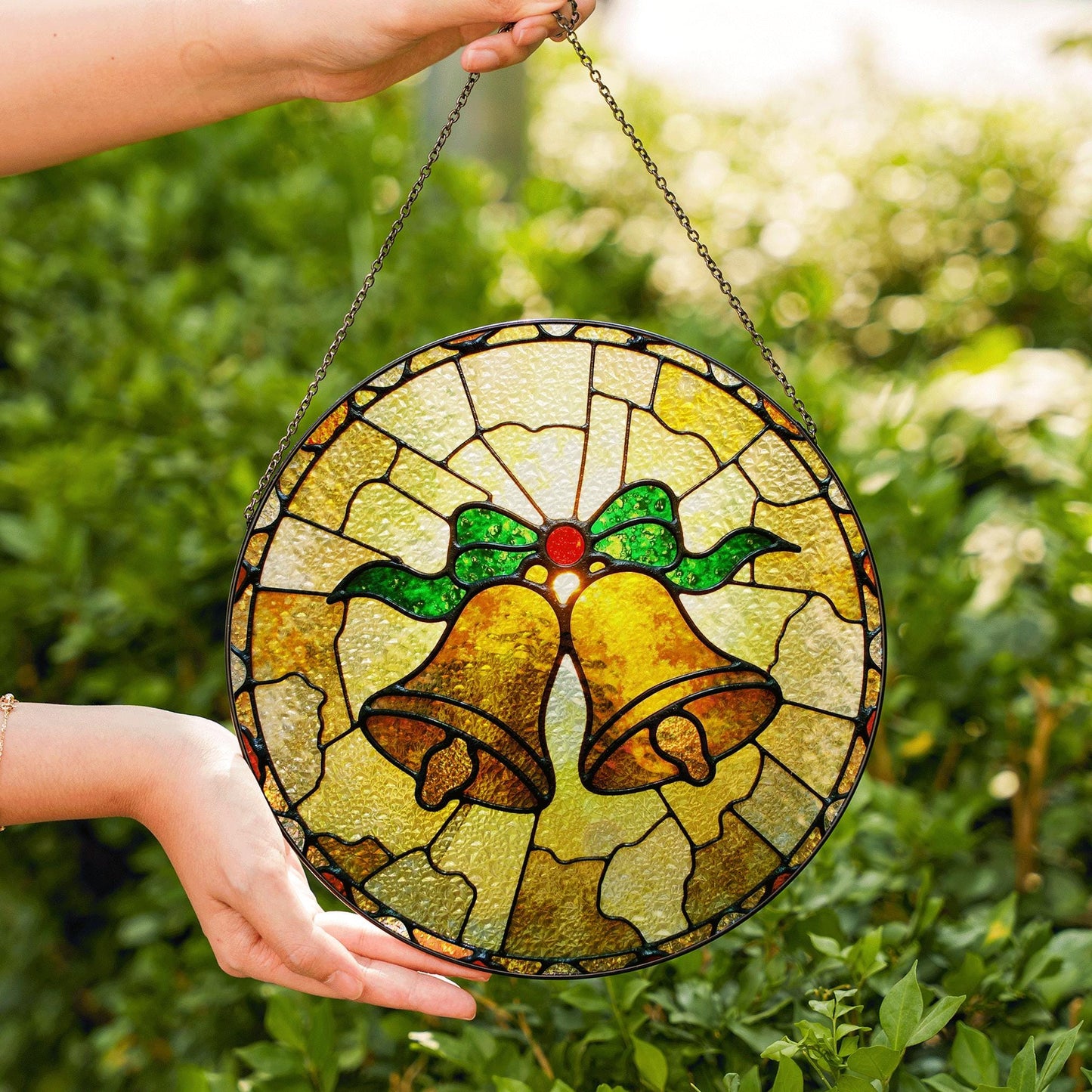 Golden bell stained glass suncatcher Christmas window decor gift