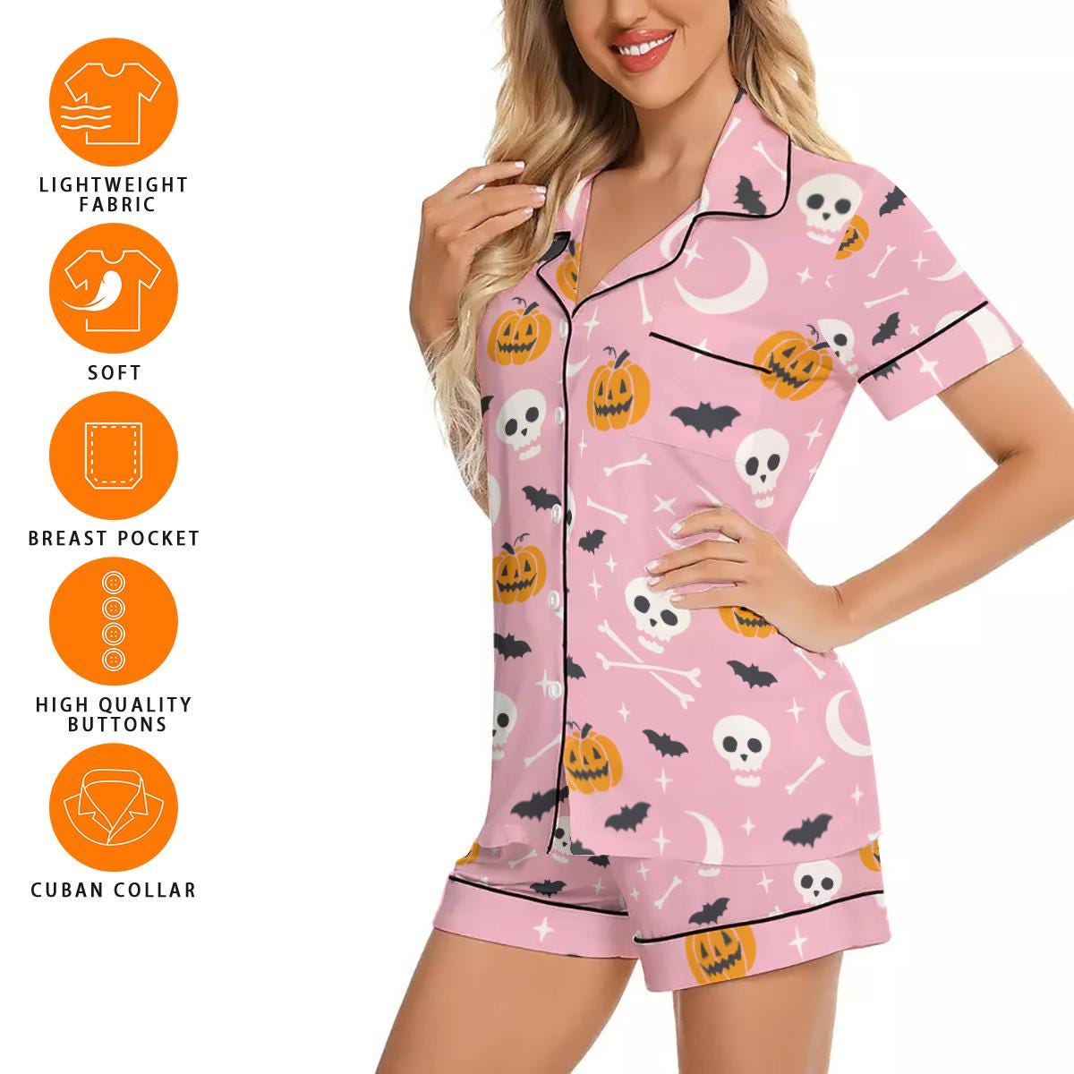 Women's Imitation Silk Short Sleeve Pajama Set with Halloween Pumpkin Skull Bat Print