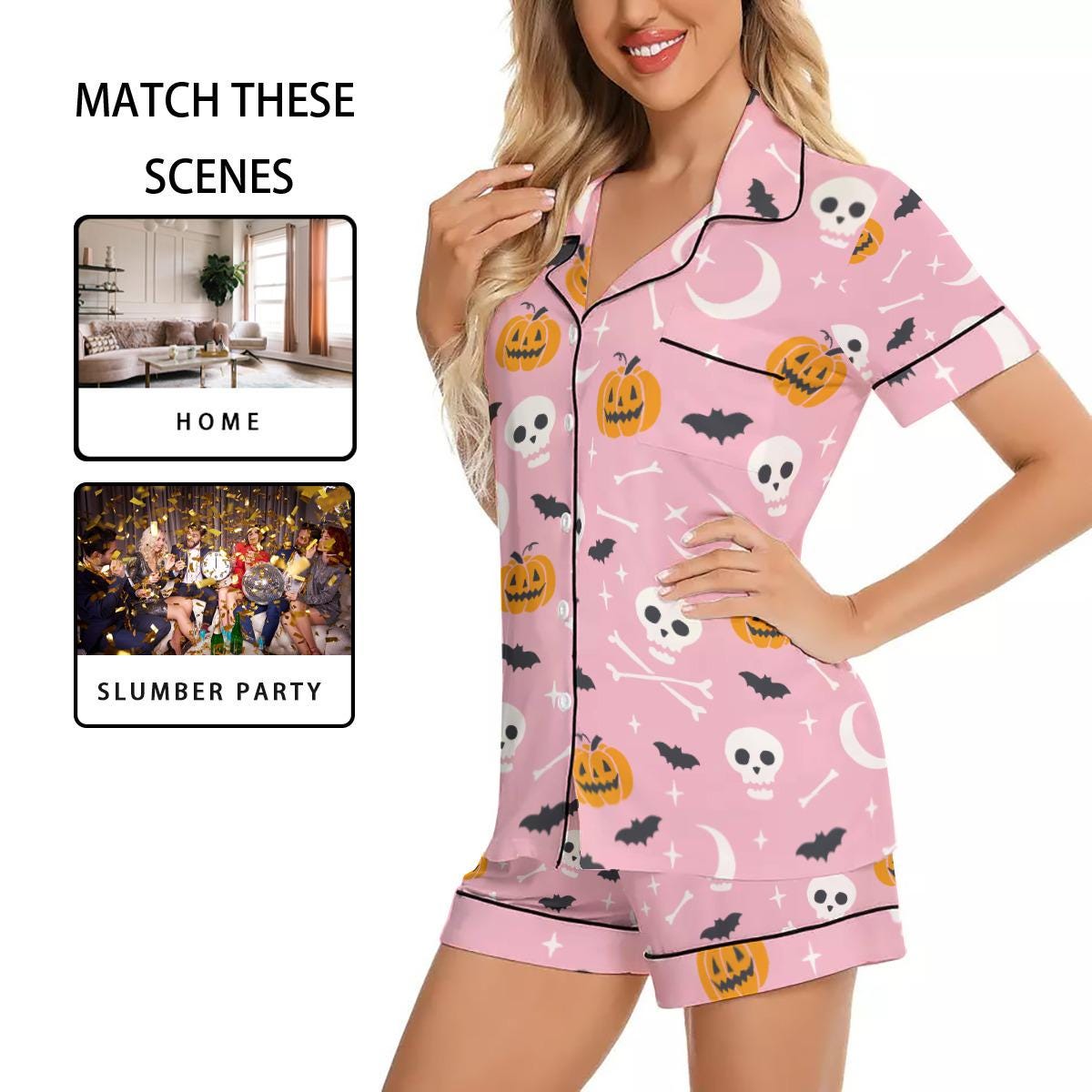 Women's Imitation Silk Short Sleeve Pajama Set with Halloween Pumpkin Skull Bat Print