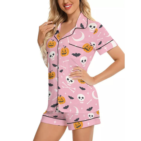 Women's Imitation Silk Short Sleeve Pajama Set with Halloween Pumpkin Skull Bat Print