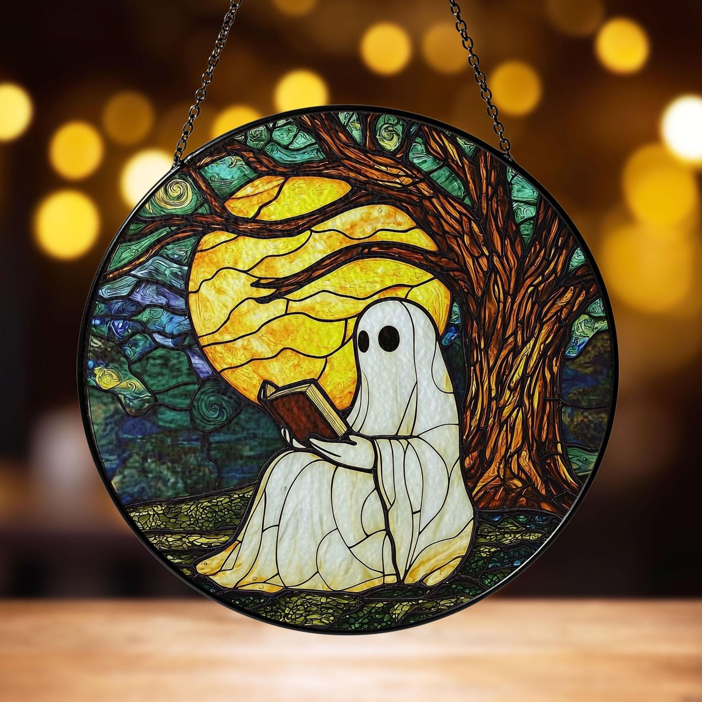 Ghost Reading Under Moonlight Stained Glass Suncatcher, Autumn Tree and Full Moon Design, Perfect Home Decor for Sunlight Reflection