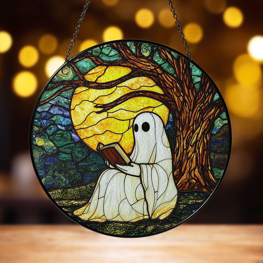 Ghost Reading Under Moonlight Stained Glass Suncatcher, Autumn Tree and Full Moon Design, Perfect Home Decor for Sunlight Reflection