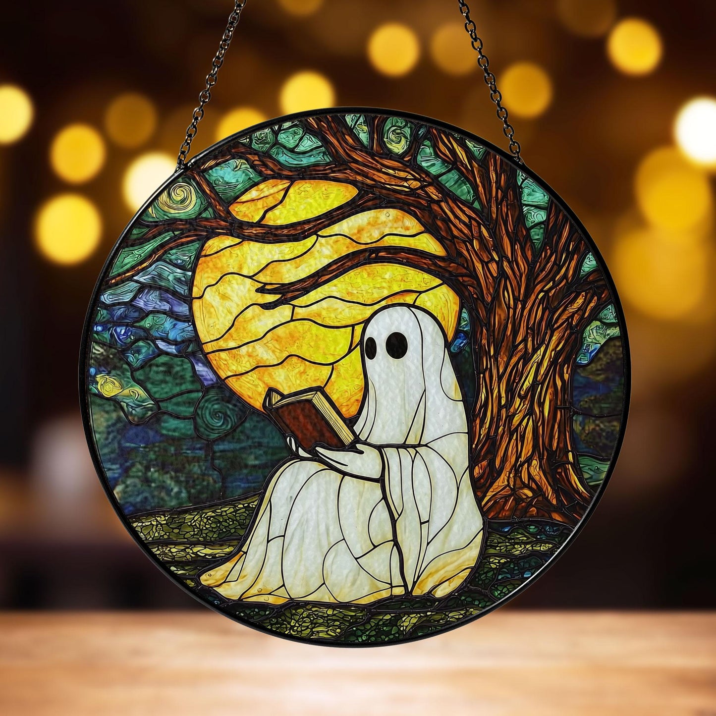 Ghost Reading Under Moonlight Stained Glass Suncatcher, Autumn Tree and Full Moon Design, Perfect Home Decor for Sunlight Reflection