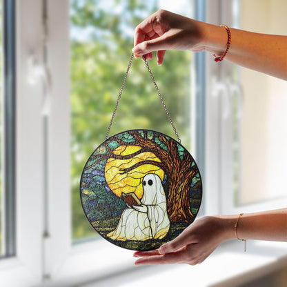 Ghost Reading Under Moonlight Stained Glass Suncatcher, Autumn Tree and Full Moon Design, Perfect Home Decor for Sunlight Reflection