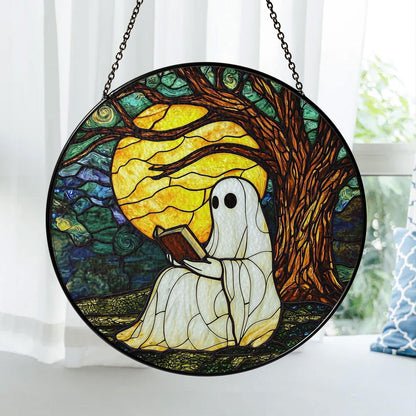 Ghost Reading Under Moonlight Stained Glass Suncatcher, Autumn Tree and Full Moon Design, Perfect Home Decor for Sunlight Reflection