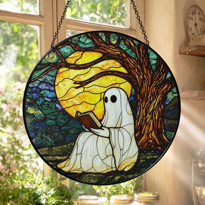 Ghost Reading Under Moonlight Stained Glass Suncatcher, Autumn Tree and Full Moon Design, Perfect Home Decor for Sunlight Reflection