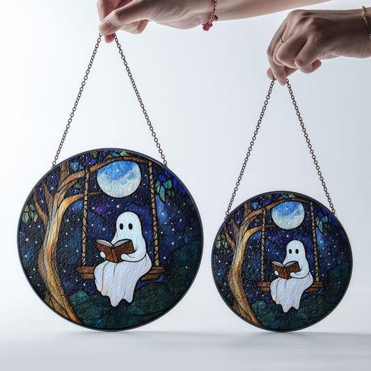 Ghost Reading on Swing Stained Glass Suncatcher with Full Moon and Starry Night Sky, Round Hanging Window Panel for Whimsical Home Decor