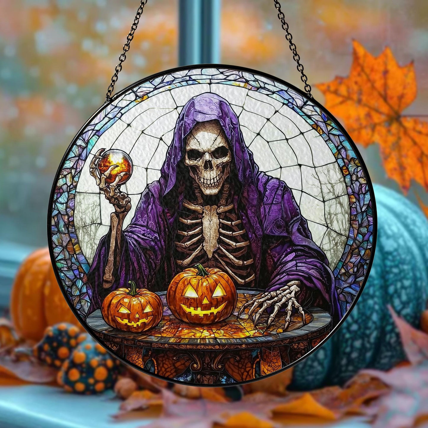 Grim Reaper with Pumpkins Stained Glass Suncatcher, Skeleton in Purple Hood Holding Crystal Ball, Round Halloween Window Hanging Decor