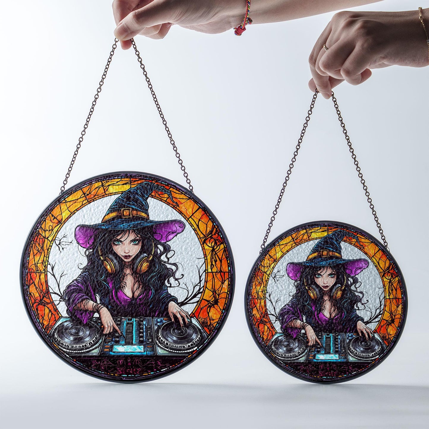 Magical Witch DJ Stained Glass Suncatcher - Enchanting Witchcraft & Music Lover Home Decor, Handcrafted Window Art, Perfect Unique Gift