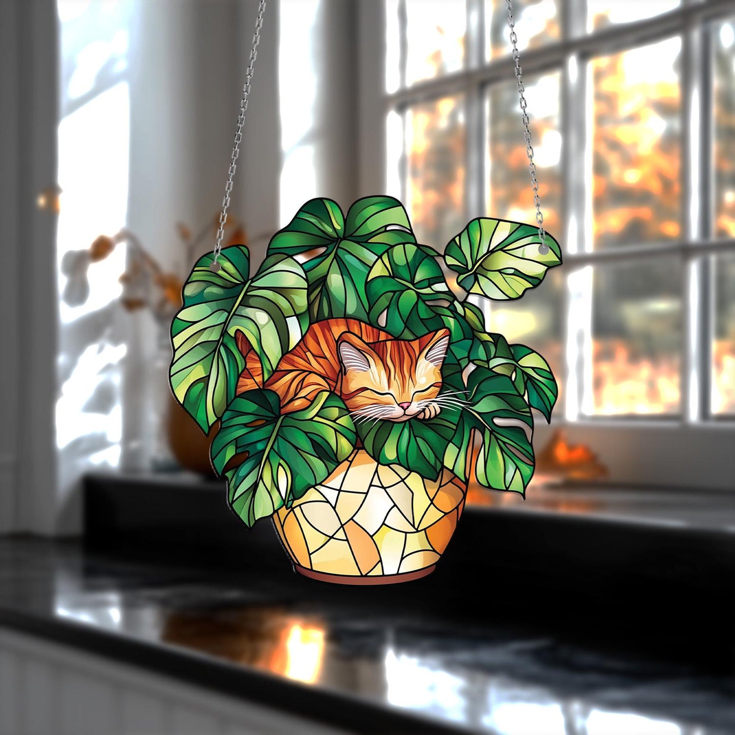 Cat Window Hanging Sleeping in Monstera Leaves – Cozy Botanical Decor for Nature Lovers and Whimsical Home Style