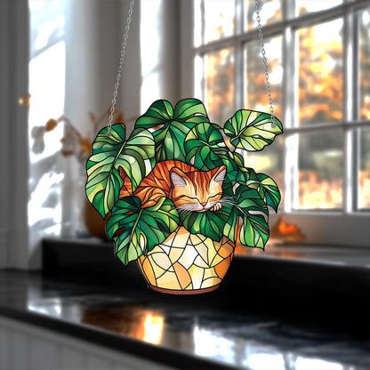 Cat Window Hanging Sleeping in Monstera Leaves – Cozy Botanical Decor for Nature Lovers and Whimsical Home Style