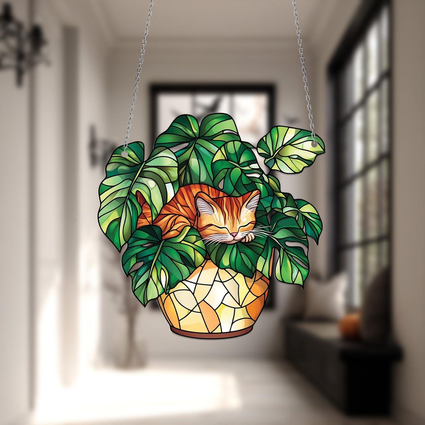 Cat Window Hanging Sleeping in Monstera Leaves – Cozy Botanical Decor for Nature Lovers and Whimsical Home Style
