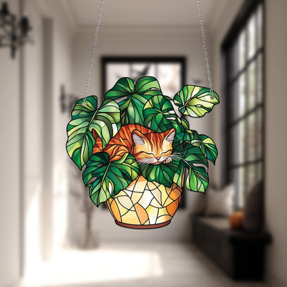 Cat Window Hanging Sleeping in Monstera Leaves – Cozy Botanical Decor for Nature Lovers and Whimsical Home Style