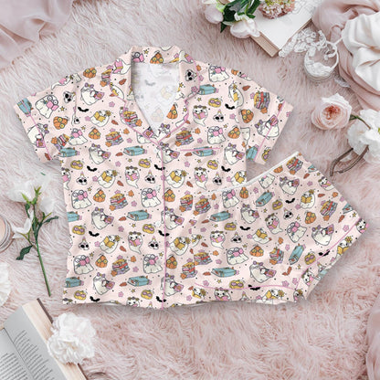 Cute Ghost Reading Book Silk Pajamas, Pumpkin Pjs Set, Fall Autumn, Spooky Season Gift