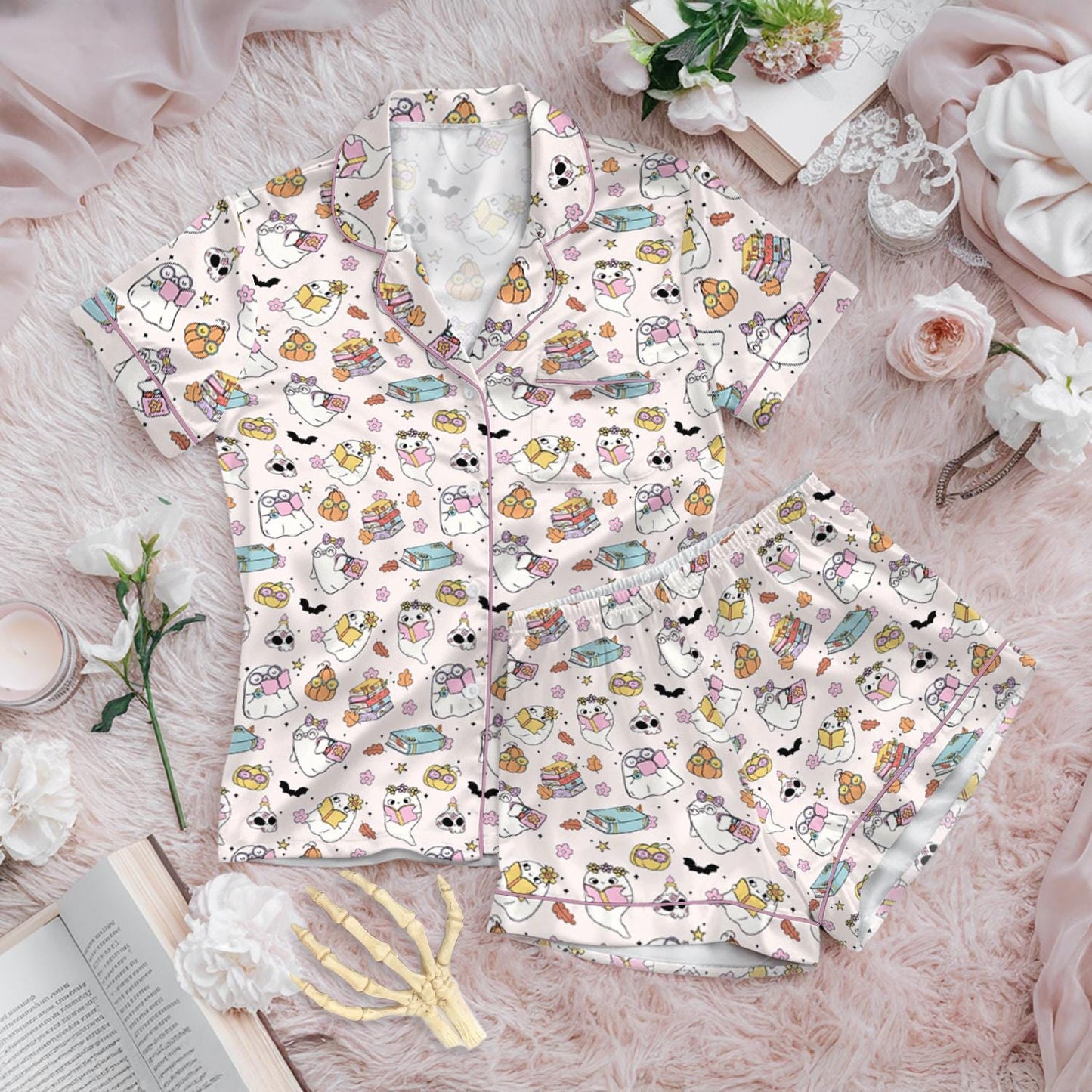 Cute Ghost Reading Book Silk Pajamas, Pumpkin Pjs Set, Fall Autumn, Spooky Season Gift