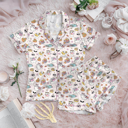 Cute Ghost Reading Book Silk Pajamas, Pumpkin Pjs Set, Fall Autumn, Spooky Season Gift