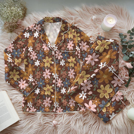 Fall Cottagecore Flower Field Pajama Set, Cozy Autumn Sleepwear, Cottagecore Fall Loungewear Set, Boho Fall Floral Pajamas