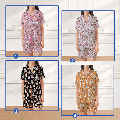 Bookish Boo Ghost Halloween Satin Pajamas, Funny Bookworm Halloween Sleepwear Gift, Reading Lover Trick Or Treat Halloween Pajamas Set