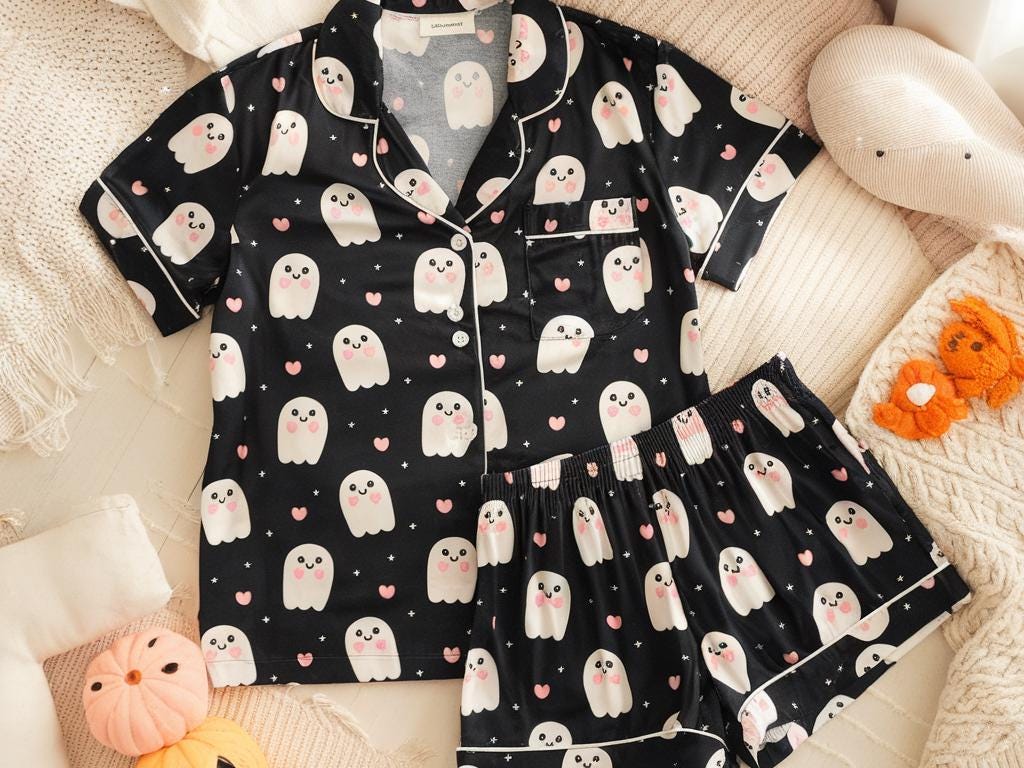 Happy Ghost Pajama Satin Pajamas Set, Halloween Pjs, Cozy Season Pjs, Ghost Pajamas, Fall Pjs, Ghost Heart Pajamas, Family Halloween Pyjamas