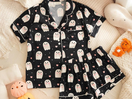 Happy Ghost Pajama Satin Pajamas Set, Halloween Pjs, Cozy Season Pjs, Ghost Pajamas, Fall Pjs, Ghost Heart Pajamas, Family Halloween Pyjamas