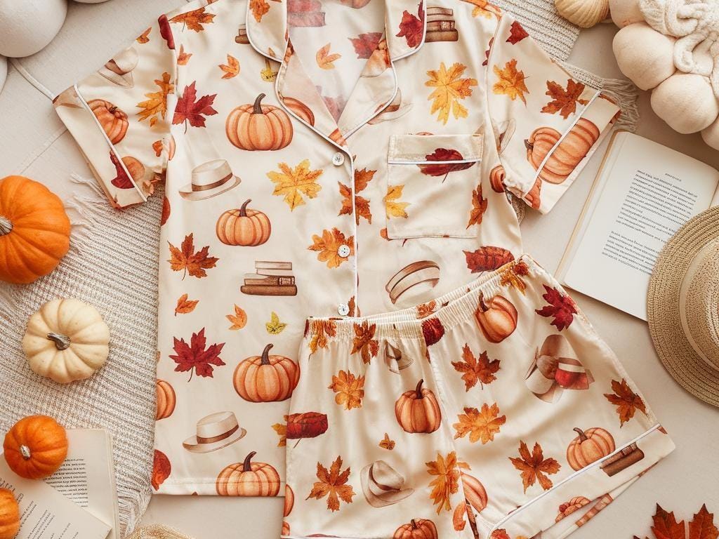 Anne of Green Gables Satin Pajamas, Cozy Fall Aesthetic Pjs, Cozy Season Pjs, Autumn Pajamas, Fall Pajamas, Pumpkin Pajamas, Family Pyjamas