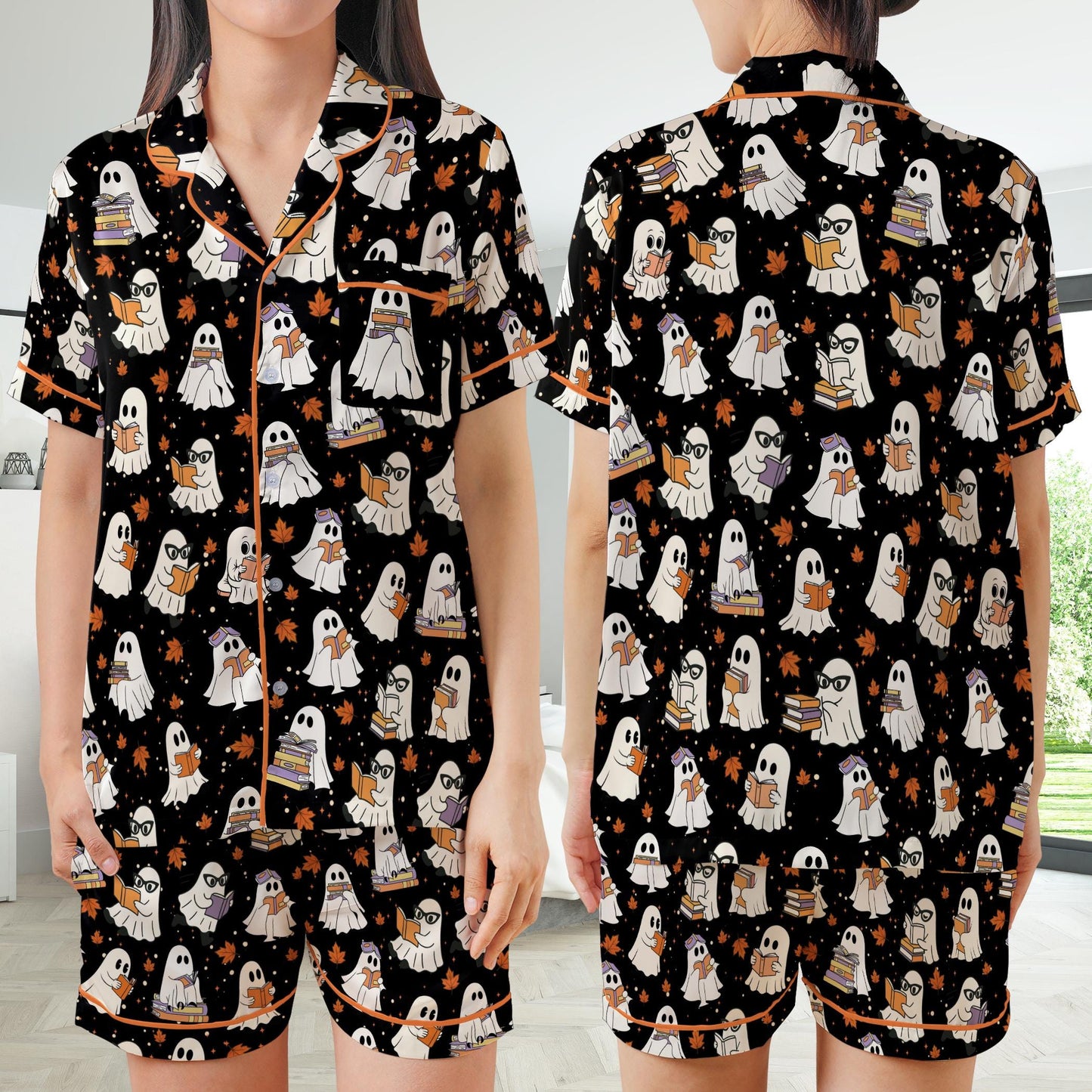 Cute Bookish Boo Ghost Satin Pajamas Set, Fall Bookworm Pajama Set, Book Lover Sleepwear, Boo Reading Halloween Gift