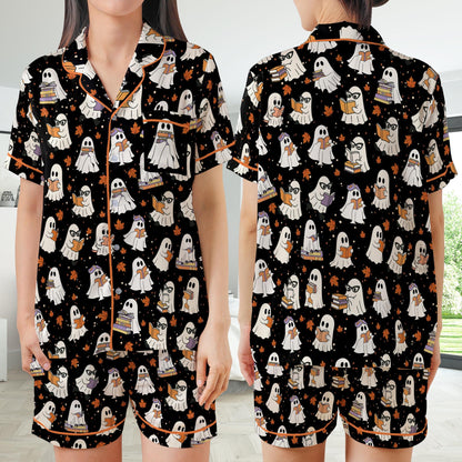 Cute Bookish Boo Ghost Satin Pajamas Set, Fall Bookworm Pajama Set, Book Lover Sleepwear, Boo Reading Halloween Gift