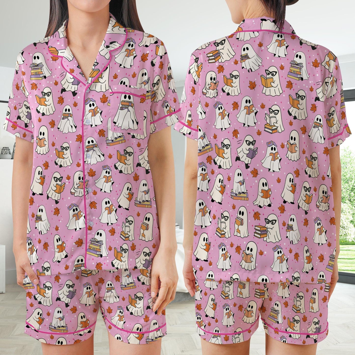 Cute Bookish Boo Ghost Satin Pajamas Set, Fall Bookworm Pajama Set, Book Lover Sleepwear, Boo Reading Halloween Gift