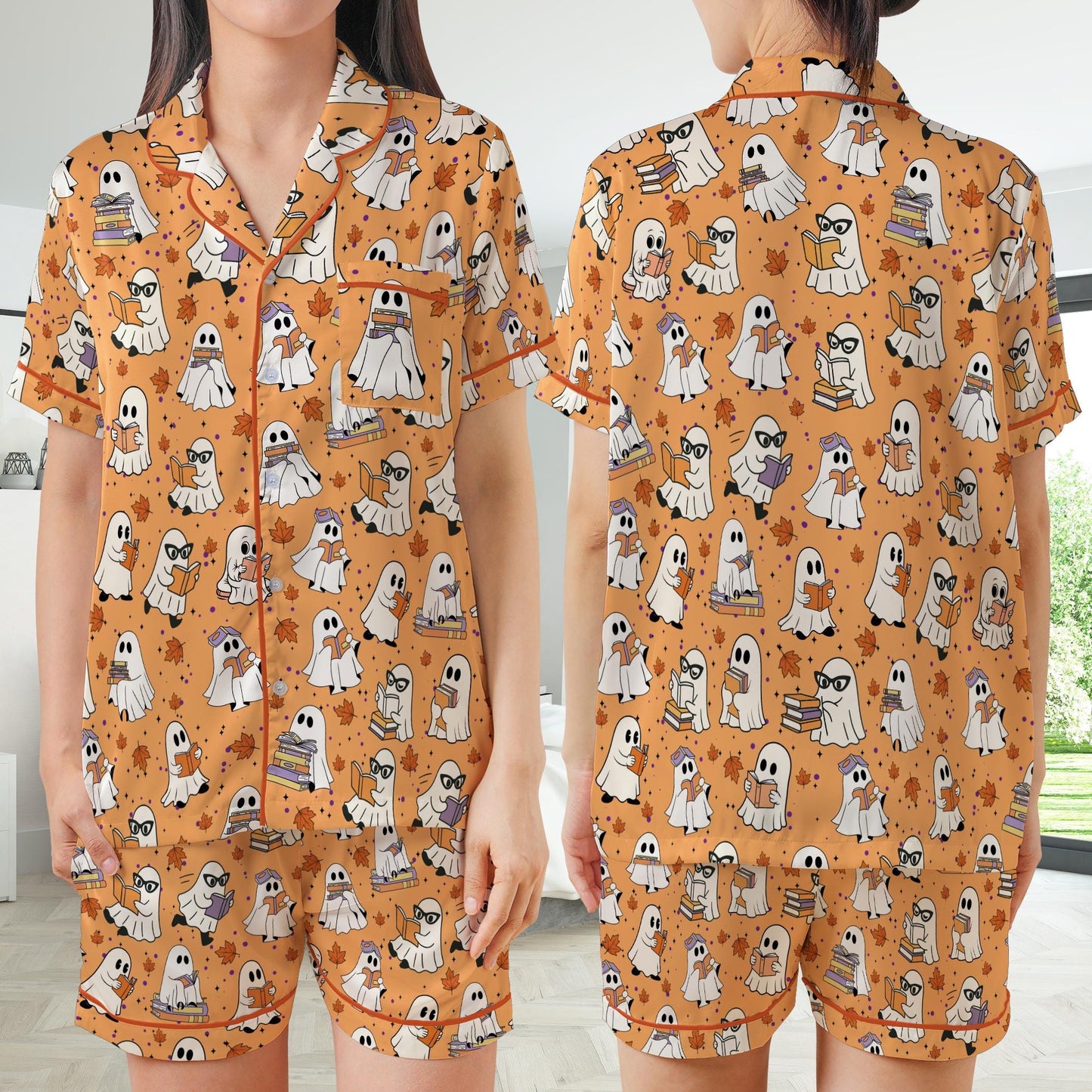 Cute Bookish Boo Ghost Satin Pajamas Set, Fall Bookworm Pajama Set, Book Lover Sleepwear, Boo Reading Halloween Gift