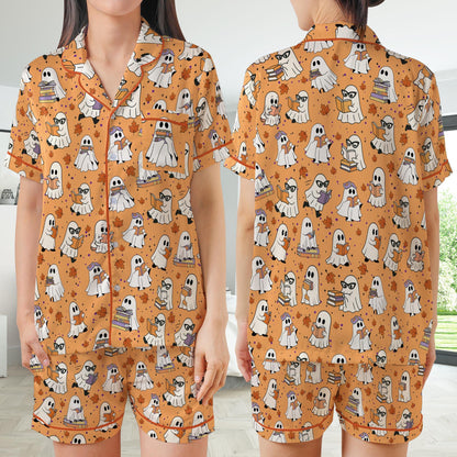 Cute Bookish Boo Ghost Satin Pajamas Set, Fall Bookworm Pajama Set, Book Lover Sleepwear, Boo Reading Halloween Gift