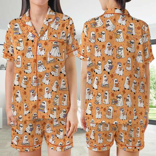 Cute Bookish Boo Ghost Satin Pajamas Set, Fall Bookworm Pajama Set, Book Lover Sleepwear, Boo Reading Halloween Gift