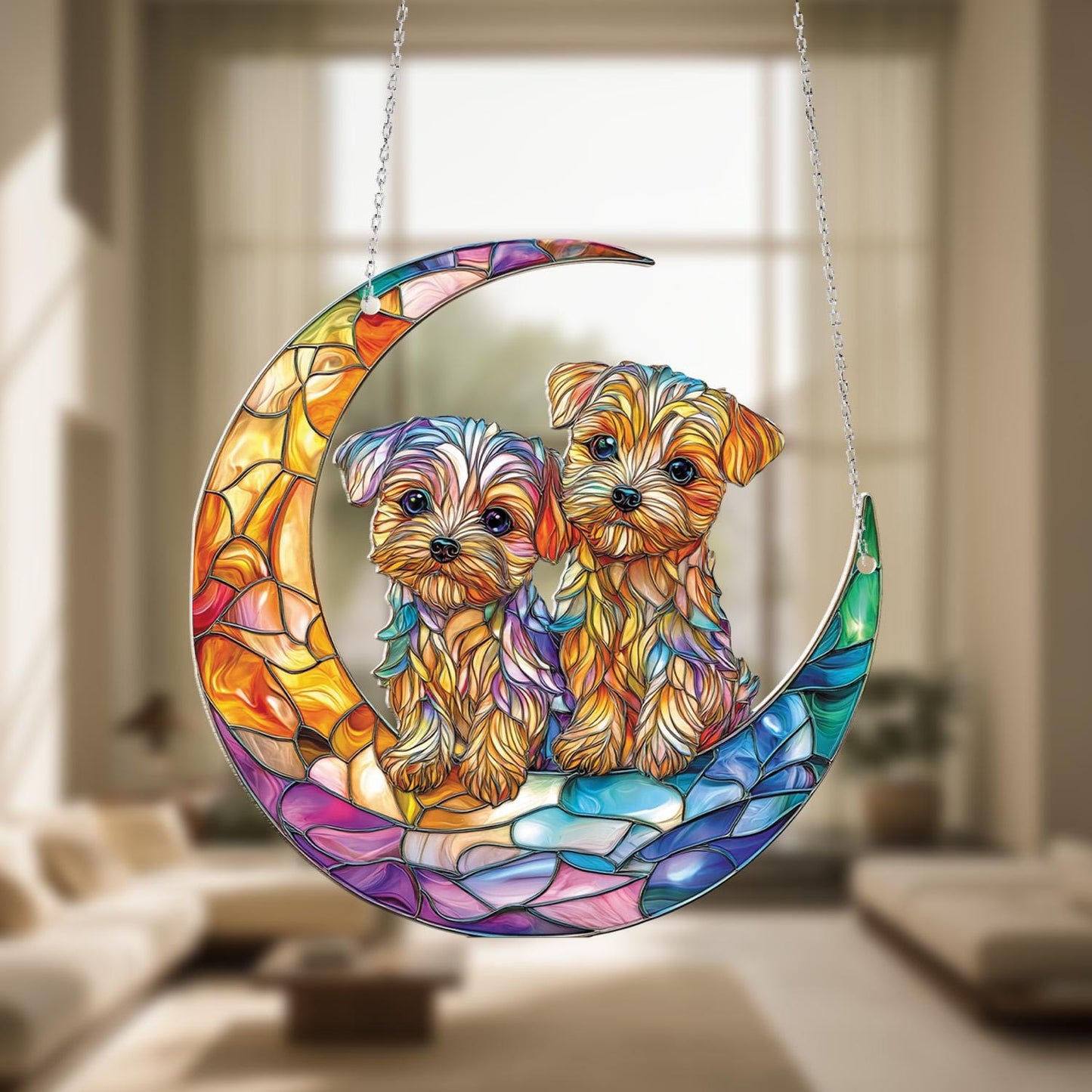 Window Hanging Crescent Moon With Cute Puppy Duo In Vibrant Colors, Adding Warmth And Charm To Your Home Décor