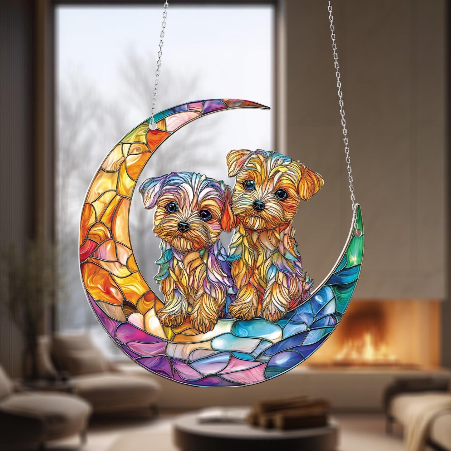 Window Hanging Crescent Moon With Cute Puppy Duo In Vibrant Colors, Adding Warmth And Charm To Your Home Décor