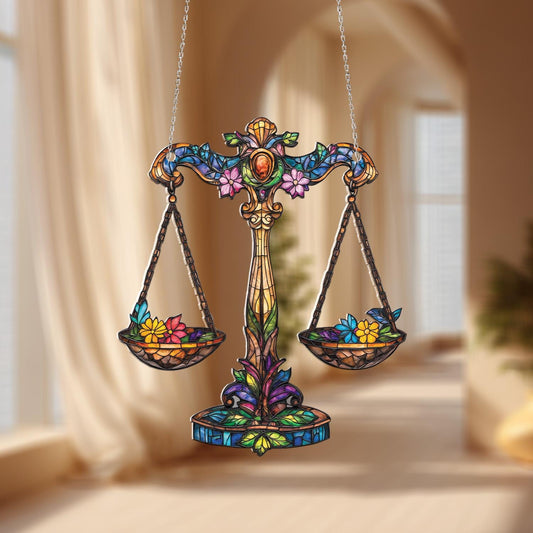 Window Hanging Colorful Balance Scales With Floral Accents, Adding Harmony, Beauty, And Artistic Charm To Your Home Décor