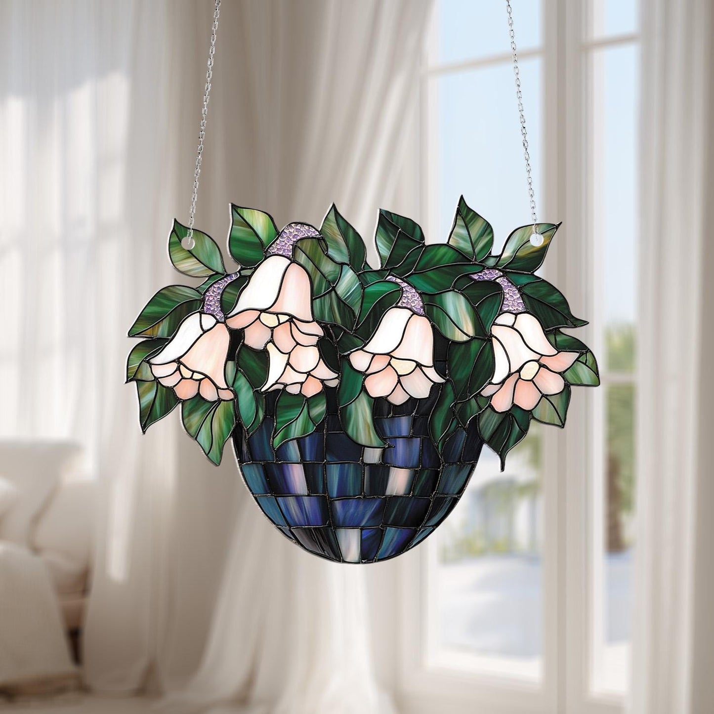 Window Hanging Pink Bell Flowers In Blue Basket, Bringing Elegant Botanical Beauty And Fresh Natural Charm To Your Home Décor