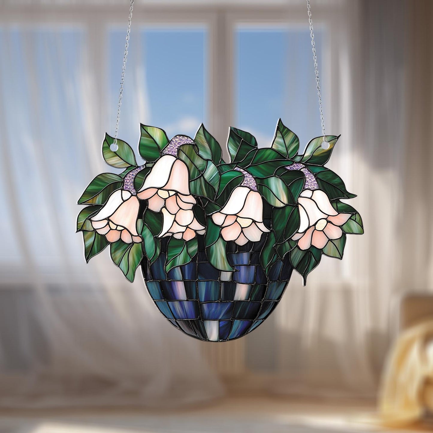 Window Hanging Pink Bell Flowers In Blue Basket, Bringing Elegant Botanical Beauty And Fresh Natural Charm To Your Home Décor