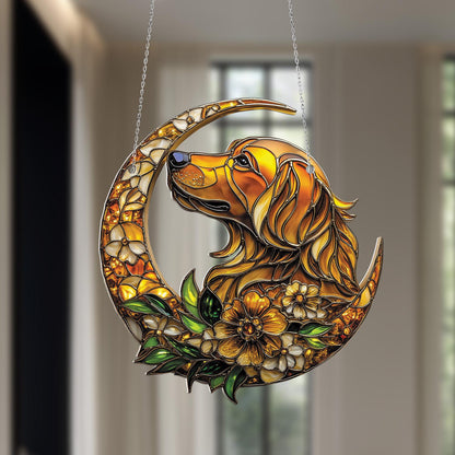 Window Hanging Golden Retriever On Crescent Moon With Flowers, Bringing Warmth, Loyalty, And Artistic Charm To Your Home Décor