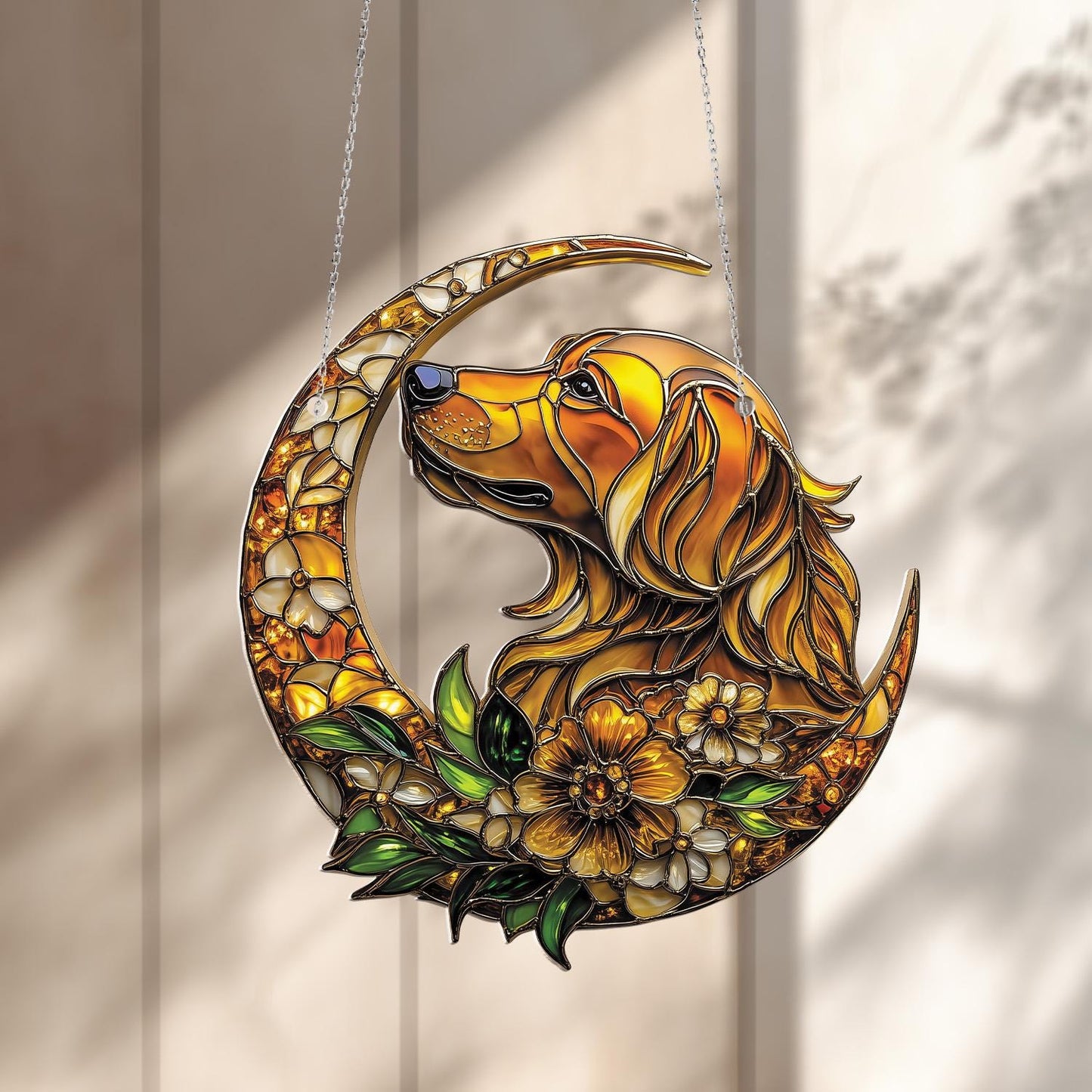 Window Hanging Golden Retriever On Crescent Moon With Flowers, Bringing Warmth, Loyalty, And Artistic Charm To Your Home Décor