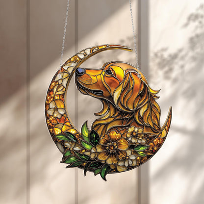 Window Hanging Golden Retriever On Crescent Moon With Flowers, Bringing Warmth, Loyalty, And Artistic Charm To Your Home Décor