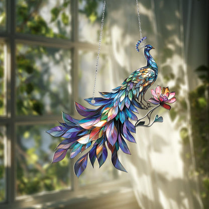 Window Hanging Colorful Peacock With Lotus Flower, Bringing Grace, Beauty, And Artistic Elegance To Your Home Décor
