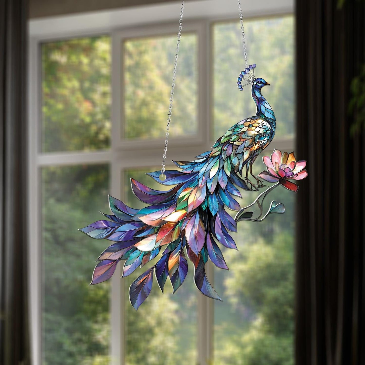 Window Hanging Colorful Peacock With Lotus Flower, Bringing Grace, Beauty, And Artistic Elegance To Your Home Décor