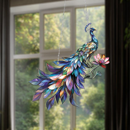 Window Hanging Colorful Peacock With Lotus Flower, Bringing Grace, Beauty, And Artistic Elegance To Your Home Décor
