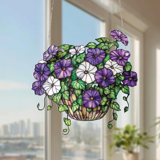 Window Hanging Purple And White Morning Glory Flowers In Basket, Bringing Fresh Garden Beauty And Artistic Charm To Your Home Décor