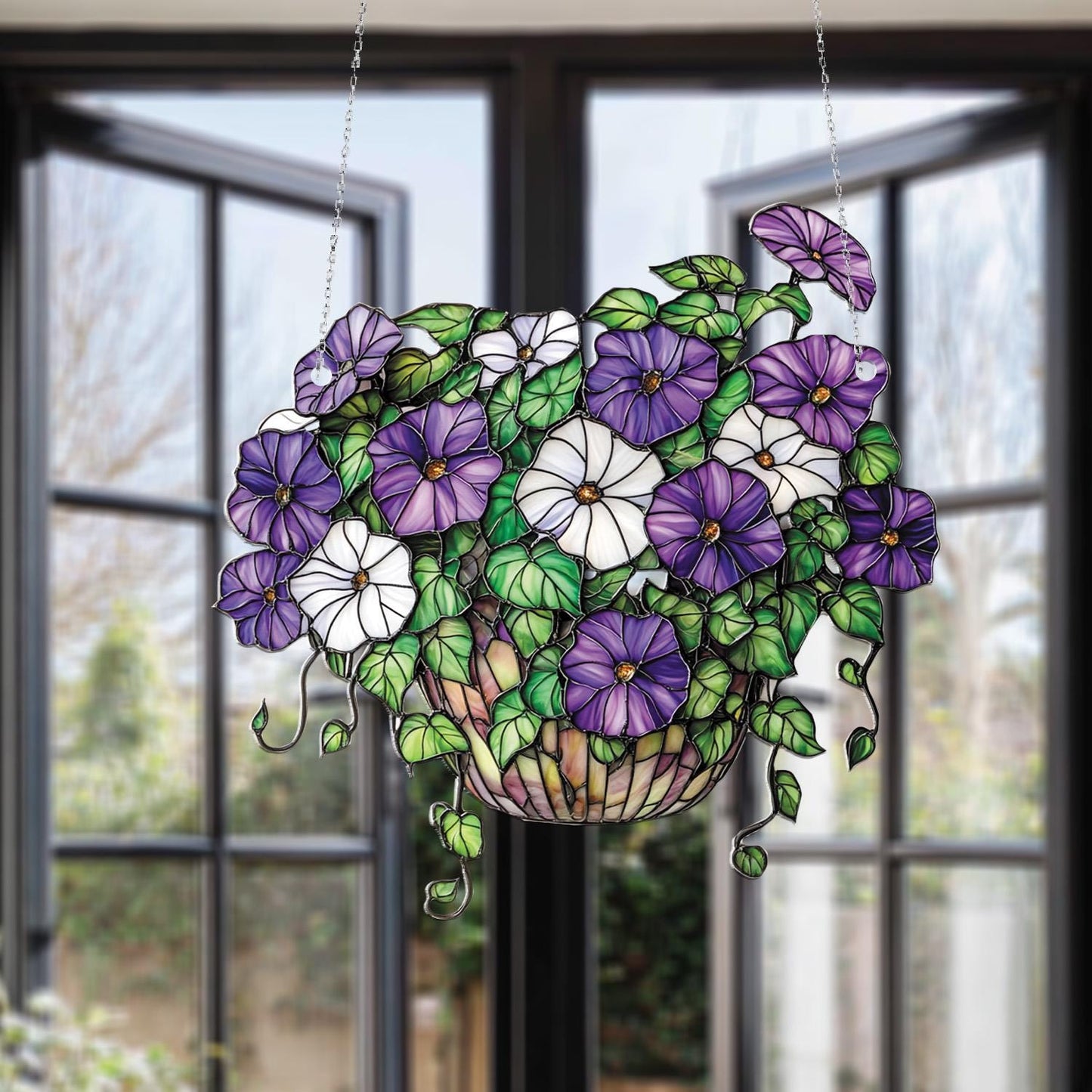 Window Hanging Purple And White Morning Glory Flowers In Basket, Bringing Fresh Garden Beauty And Artistic Charm To Your Home Décor