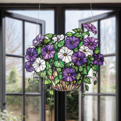 Window Hanging Purple And White Morning Glory Flowers In Basket, Bringing Fresh Garden Beauty And Artistic Charm To Your Home Décor