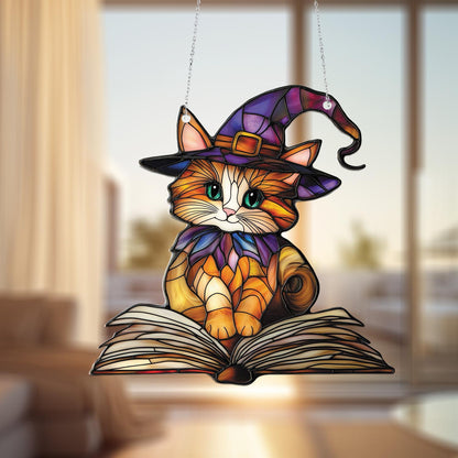 Window Hanging Cute Cat In Witch Hat Sitting On Book, Adding Magical Charm And Whimsical Beauty To Your Home Décor