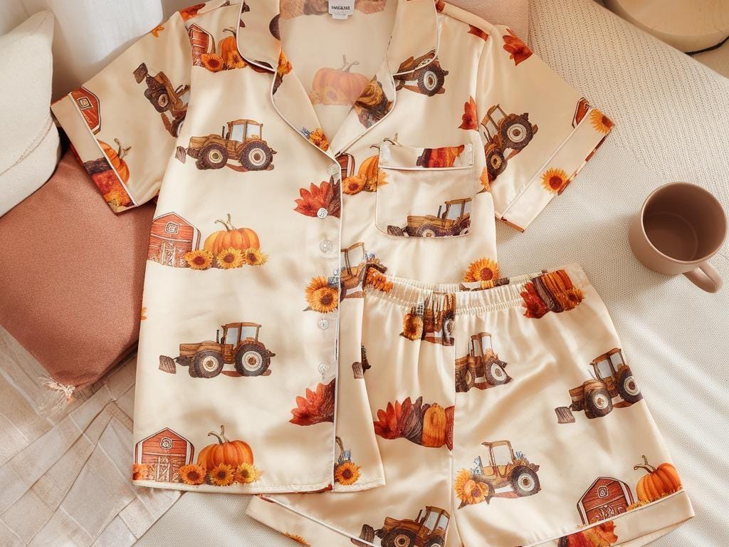 Fall Barn Farm Satin Pajamas, Halloween Pjs, Cozy Fall Aesthetic Pjs, Autumn Pajamas, Fall Pajamas, Pumpkin Pajama, Family Halloween Pyjamas
