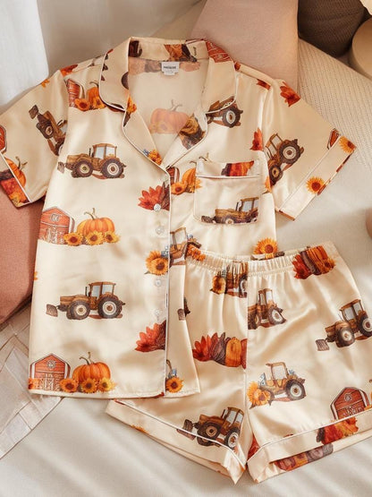 Fall Barn Farm Satin Pajamas, Halloween Pjs, Cozy Fall Aesthetic Pjs, Autumn Pajamas, Fall Pajamas, Pumpkin Pajama, Family Halloween Pyjamas